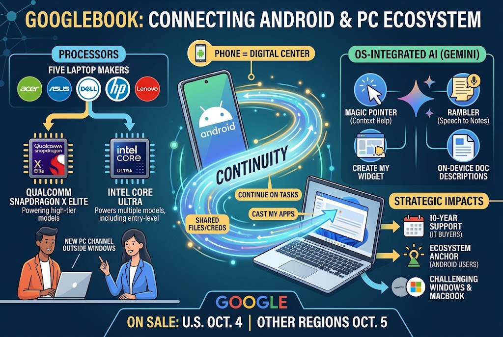 Infographic of Google's Googlebook laptops connecting an Android phone to a laptop, showing Qualcomm Snapdragon X Elite and Intel Core Ultra processors, Gemini AI features and October 4 U.S. availability