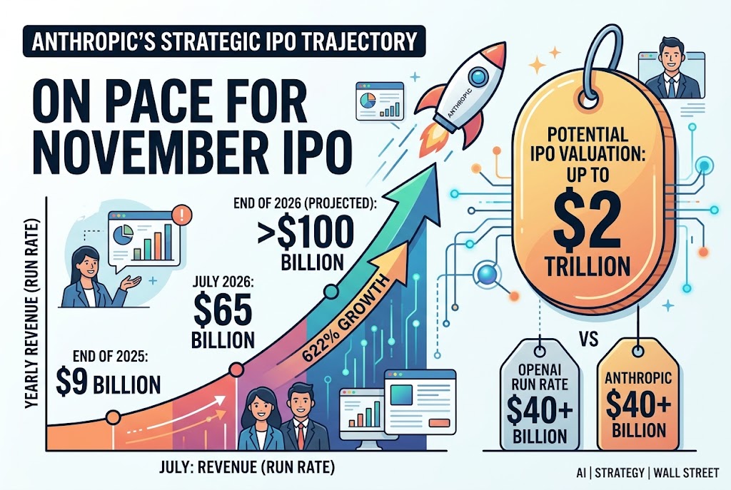 Anthropic logo with an upward stock chart symbolizing its revenue surge toward a $2 trillion IPO valuation