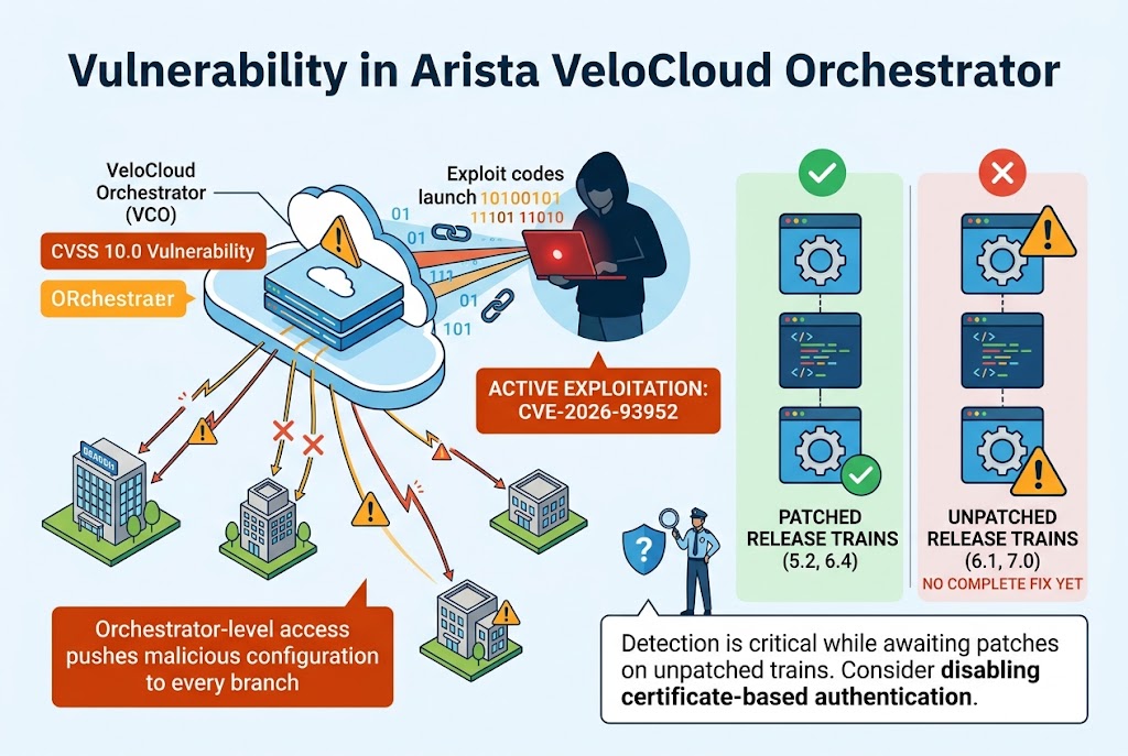 Arista Networks logo alongside a cybersecurity alert icon representing the CVSS 10.0 VeloCloud Orchestrator vulnerability