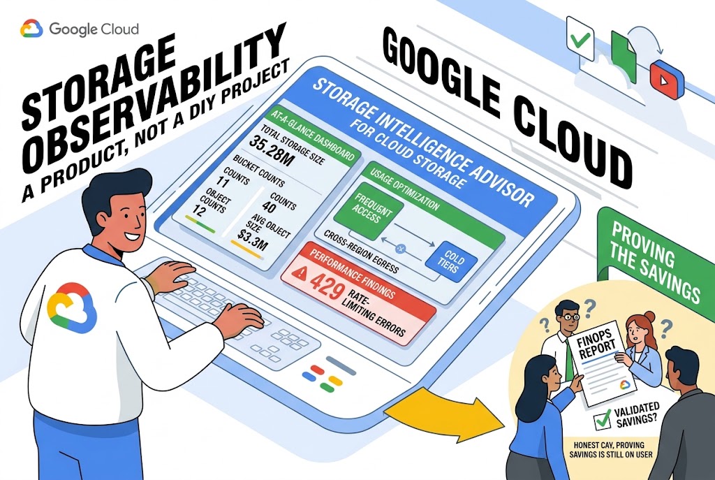 Google Cloud logo with cloud storage and data analytics icons representing the Storage Intelligence Advisor launch