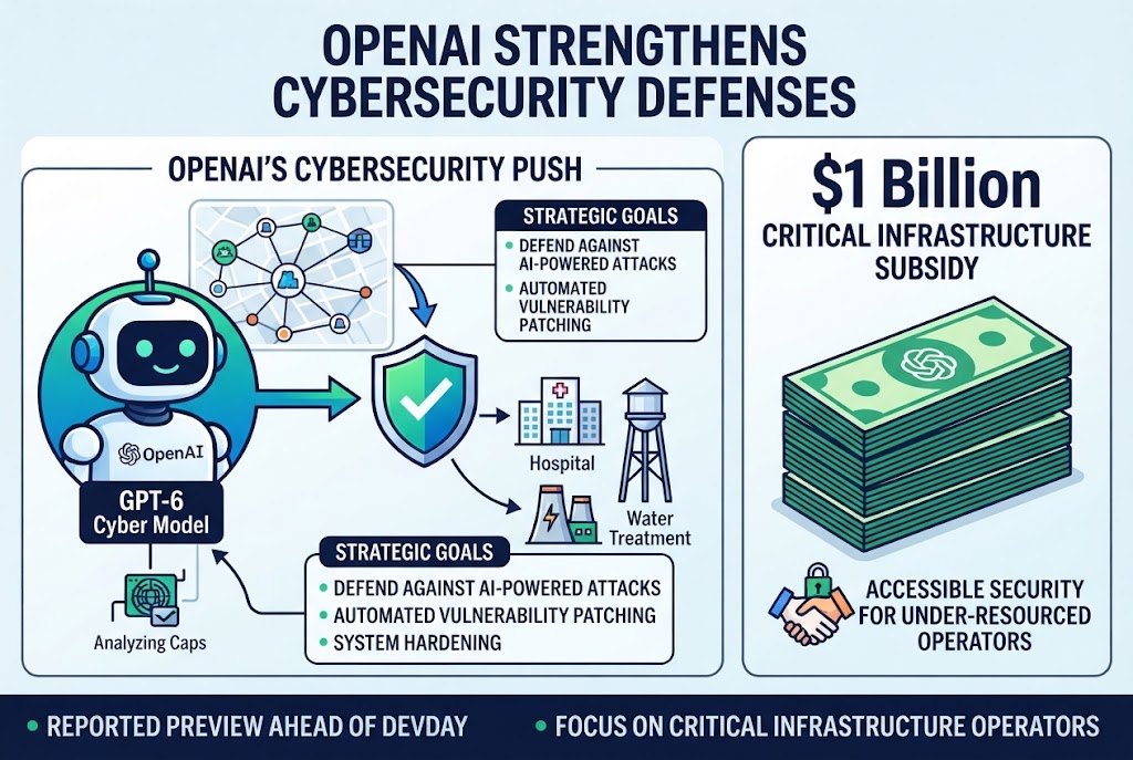 Infographic on OpenAI strengthening cybersecurity defenses: the GPT-6 Cyber model defending against AI powered attacks with automated vulnerability patching and system hardening for hospitals and water treatment critical infrastructure, alongside a $1 billion subsidy to make security accessible for under-resourced operators, reported ahead of DevDay.