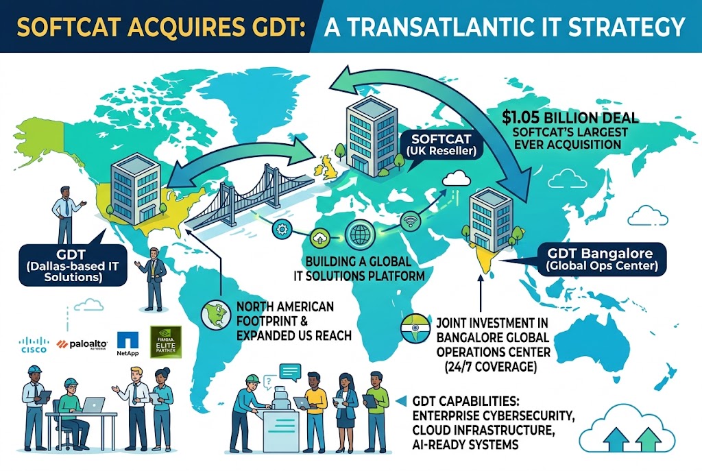 Softcat and GDT company logos representing Softcat's $1.05 billion acquisition of GDT