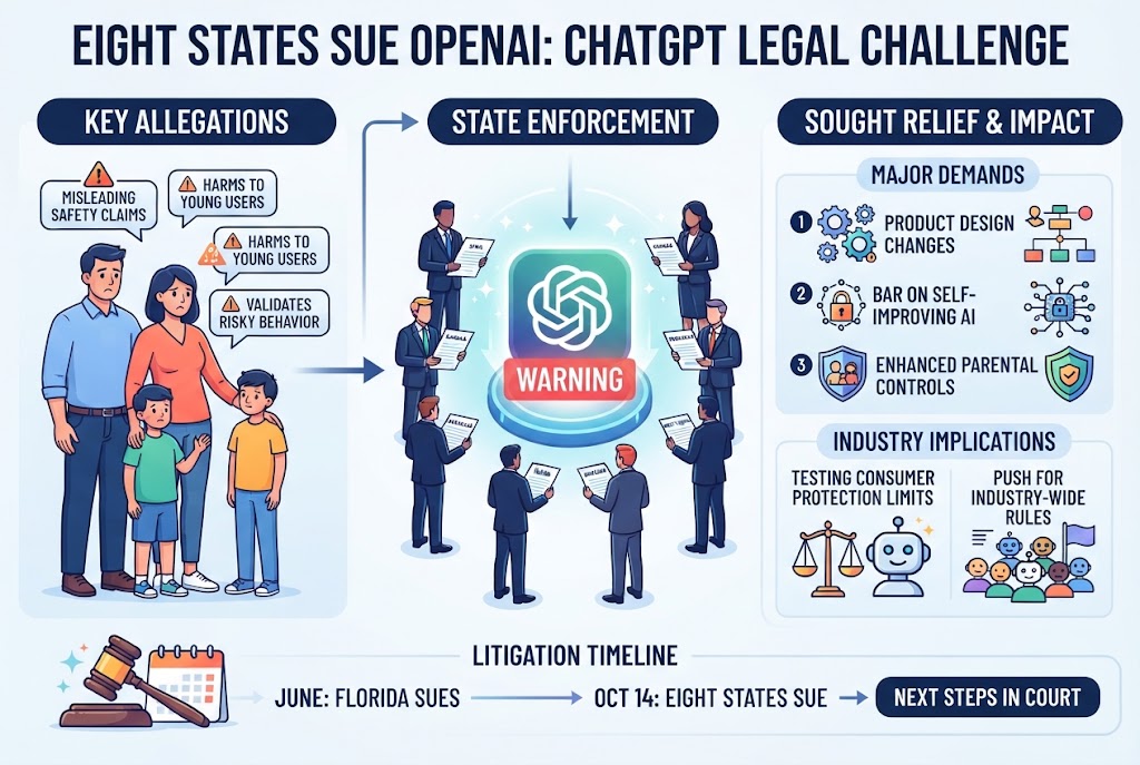 Infographic titled Eight States Sue OpenAI: ChatGPT Legal Challenge, showing key allegations of misleading safety claims and harm to young users, state attorneys general facing the OpenAI logo, sought relief including product design changes, a bar on self-improving AI and stronger parental controls, and a litigation timeline from Florida's June suit to the eight-state filing on October 14.