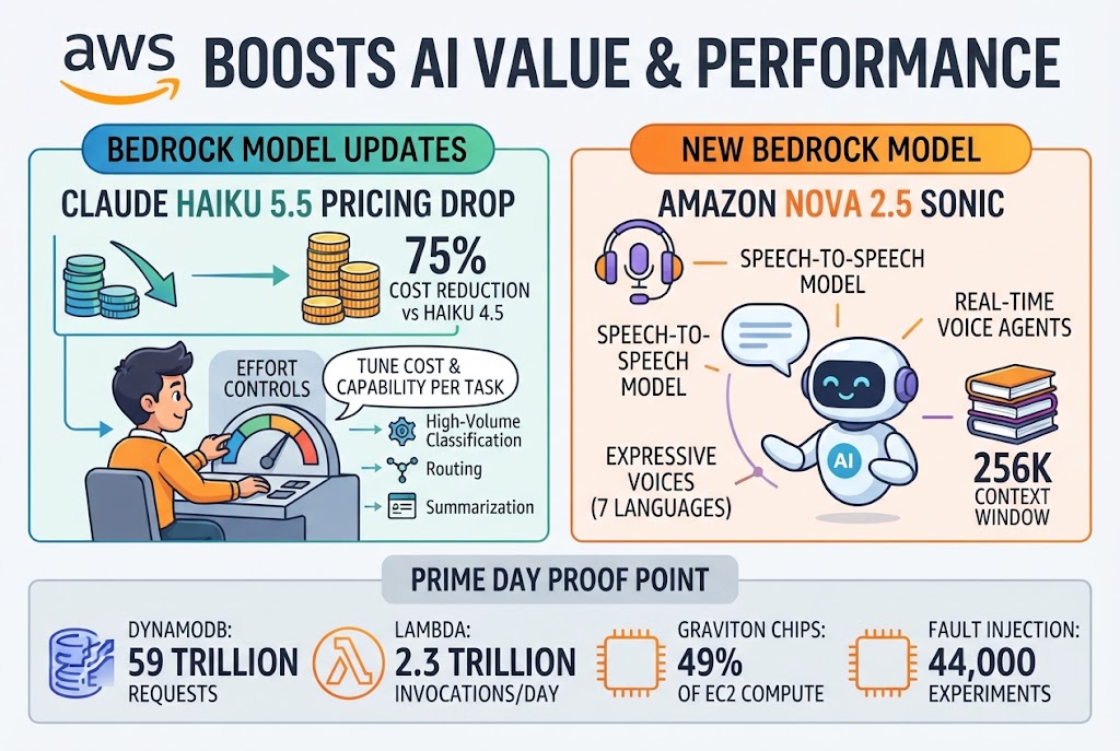 Infographic titled AWS Boosts AI Value and Performance showing a 75% price cut for Claude Haiku 5.5 on Bedrock with effort controls, the new Amazon Nova 2.5 Sonic speech-to-speech model with seven expressive voice languages and a 256K context window, and Prime Day figures of 59 trillion DynamoDB requests, 2.3 trillion Lambda invocations a day, Graviton at 49% of EC2 compute and 44,000 fault injection experiments.