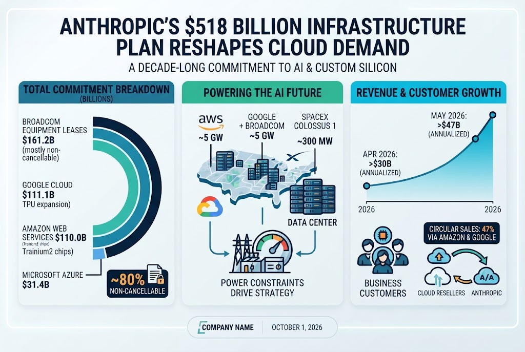 Infographic titled Anthropic's $518 Billion Infrastructure Plan Reshapes Cloud Demand, showing a commitment breakdown by Broadcom, Google Cloud, Amazon Web Services and Microsoft Azure with about 80 percent non-cancellable, plus power capacity and revenue growth from over $30 billion in April to over $47 billion in May 2026