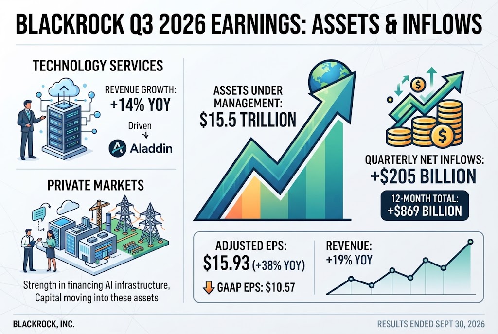 Infographic titled BlackRock Q3 2026 Earnings: Assets and Inflows showing assets under management of $15.5 trillion, quarterly net inflows of $205 billion and a 12-month total of $869 billion, adjusted earnings per share of $15.93 up 38% year over year with GAAP EPS of $10.57, revenue up 19%, technology services revenue up 14% driven by Aladdin, and strength in private markets financing AI infrastructure.