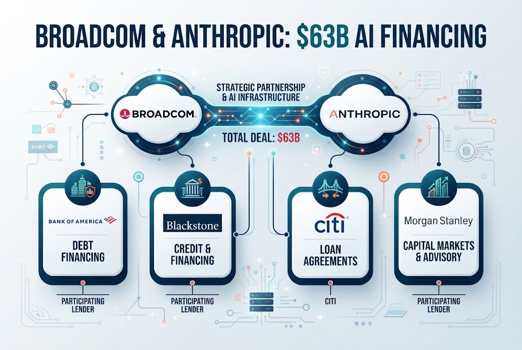 Featured illustration for the story on Bank of America, Blackstone, Citi and Morgan Stanley's $63 billion structure to lease Broadcom AI chips to Anthropic