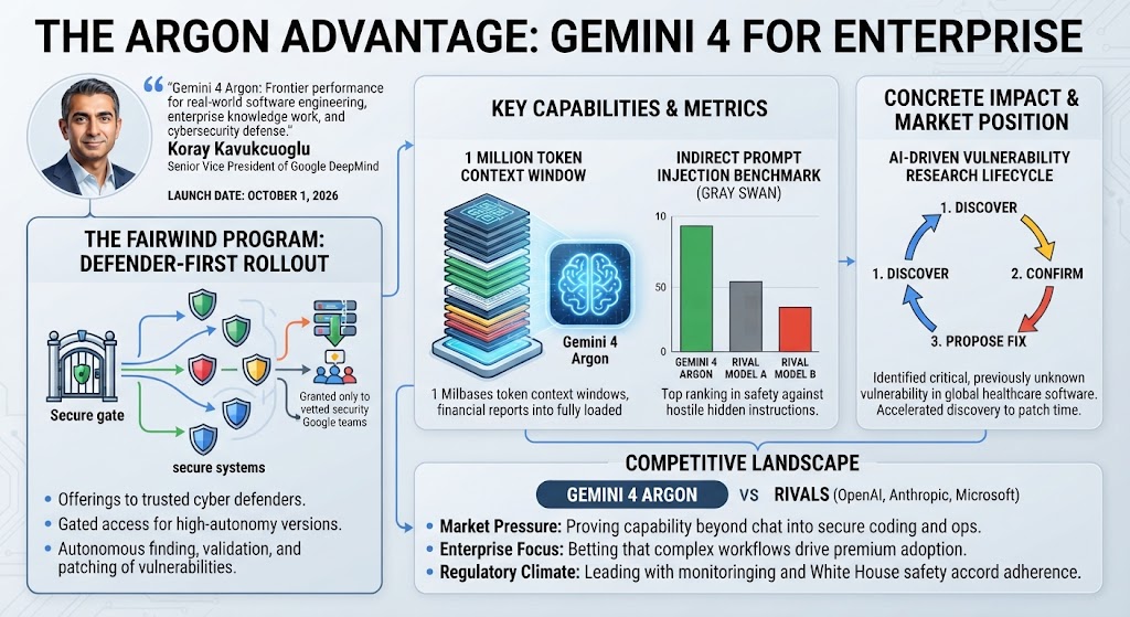 Infographic titled The Argon Advantage: Gemini 4 for Enterprise, showing the Fairwind defender-first rollout, a 1 million token context window, a top ranking on the Gray Swan indirect prompt injection benchmark, and Gemini 4 Argon compared with rivals OpenAI, Anthropic and Microsoft