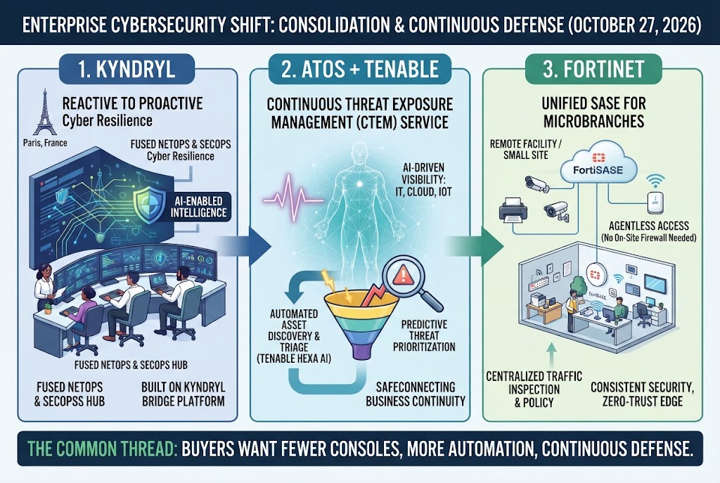 Featured illustration for the security roundup on Kyndryl's Paris cyber defense center, Atos choosing Tenable and Fortinet's SASE expansion