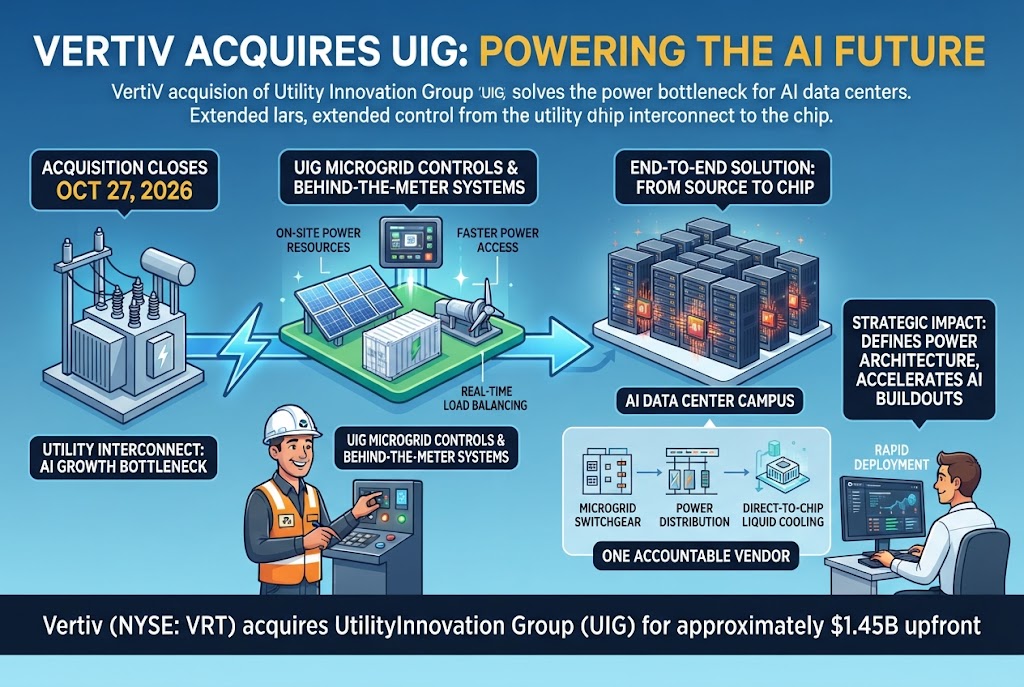 Featured illustration for the story on Vertiv closing its $1.45 billion acquisition of UtilityInnovation Group to expand into AI data center power